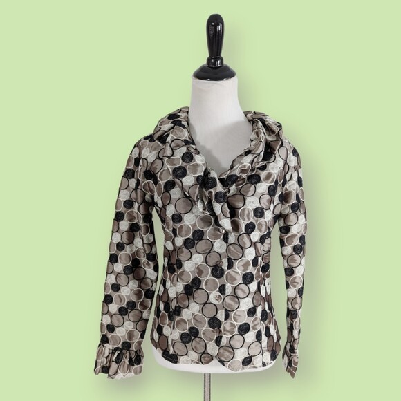 Samuel Dong Womens Circle Pattern Ruffle Blazer Jacker Brown White Black S - Picture 1 of 5